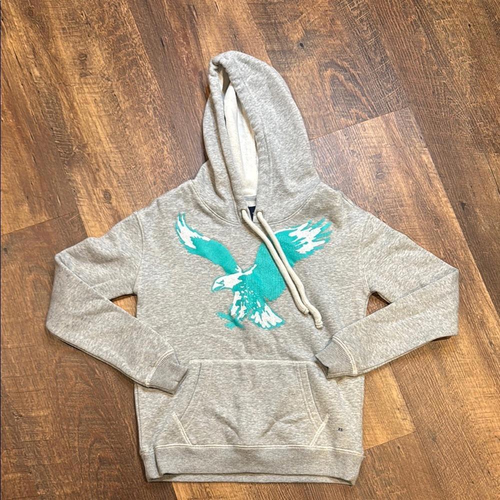 American‎ Eagle Gray Hoodie with Teal Eagle Design Womens XS NWT